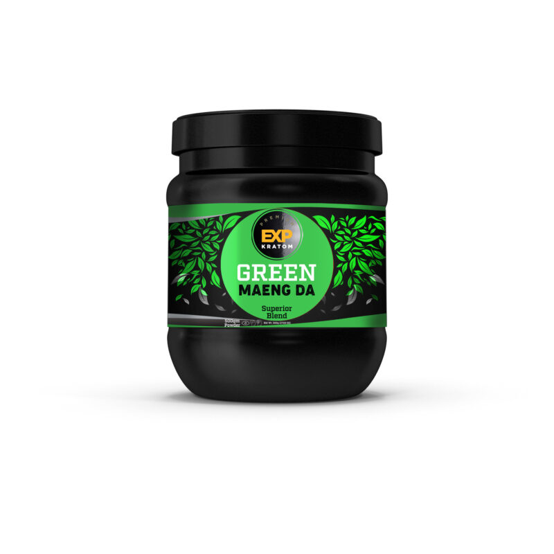 A jar of EXP Premium Green Maeng Da Blend Powder on a white background.