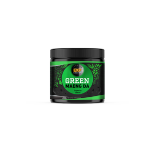 A jar of EXP Premium Green Maeng Da Blend Powder making oil on a white background.