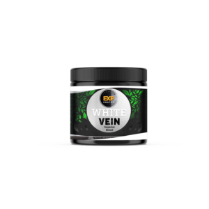 A jar of Experience Premium White Vein Kratom Powder on a plain background.