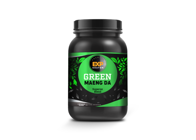 A bottle of EXP Premium Green Maeng Da Blend Powder.