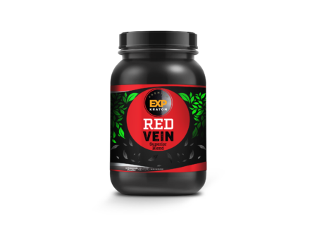 A bottle of EXP Premium Red Vein Powder on a white background.