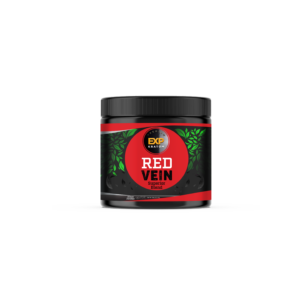 A black and red container with a black label for EXP Premium Red Vein Powder, 60g jar.