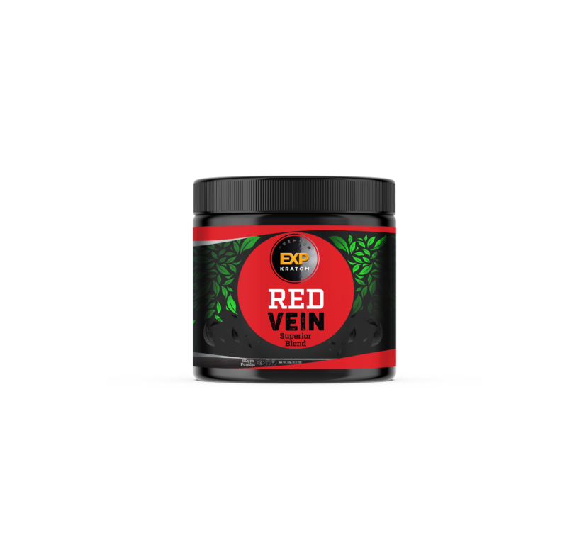 A black and red container with a black label for EXP Premium Red Vein Powder, 60g jar.