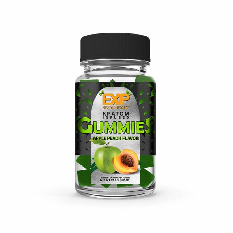 EXP Kratom Gummies infused with tropical flavors of peaches and mangoes.