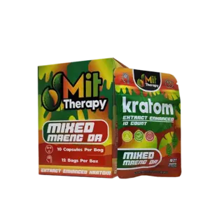 A box of MIT Therapy Mixed Maeng Da 10ct mixed with mangoes, infused with the therapeutic properties of Maeng Da.