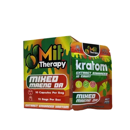 A box of MIT Therapy Mixed Maeng Da 10ct mixed with mangoes, infused with the therapeutic properties of Maeng Da.
