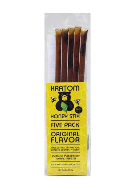 A pack of Kratom Honey Stix Original Flavor 25 mg per stix, with each stix containing 25 mg.