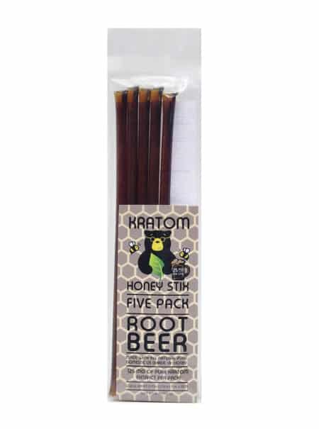 A package of Kratom Salt Water Taffy Root Beer 18 mg per pcs honey sticks with a label containing flavoring.