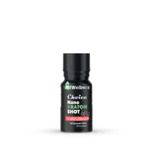 An exquisite bottle of Mit Wellness Choice Nano Kratom Shot Cherry Limeade, known for its extraordinary ability to bring about a state of blissful relaxation, elegantly positioned on a pristine white background.