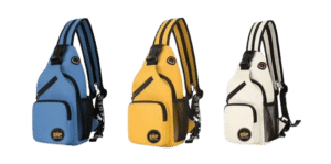 Three different colored EXP BACK PACKs, each with a unique design, against a pristine white background.