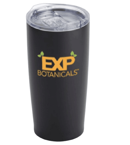 A EXP White 20oz Vacuum Insulated Stainless Steel Tumbler with the word EXP botanicals on it.