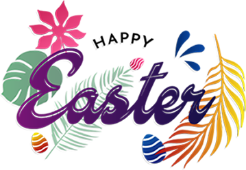 Colorful Easter-themed graphic for the homepage with decorative eggs and foliage, 2024.