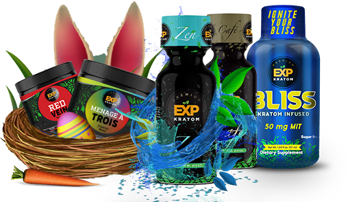 A collection of kratom-infused products displayed with colorful packaging, including capsules and bottled drinks, arranged for the Homepage 2024 with decorative elements like a carrot and a nest with red eggs.